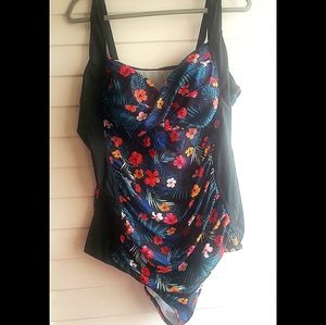One piece floral print swim suit ruched plus size